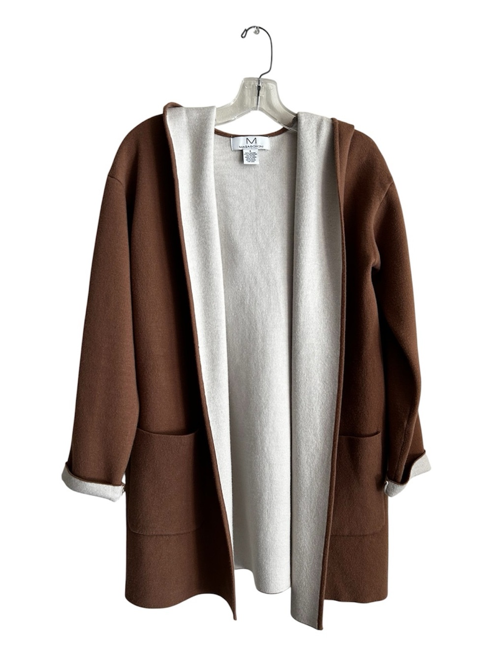 Hooded Brown Coatigan Long Cardigan Patch Pockets Cream Contrast Size Small